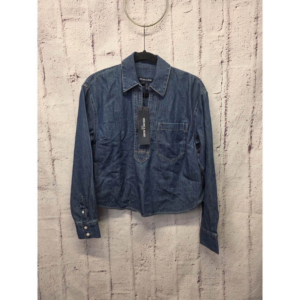 Veronica‎ Beard Jeans Chambray Denim Crop Shirt Sz 4 NWT Collar V-neck